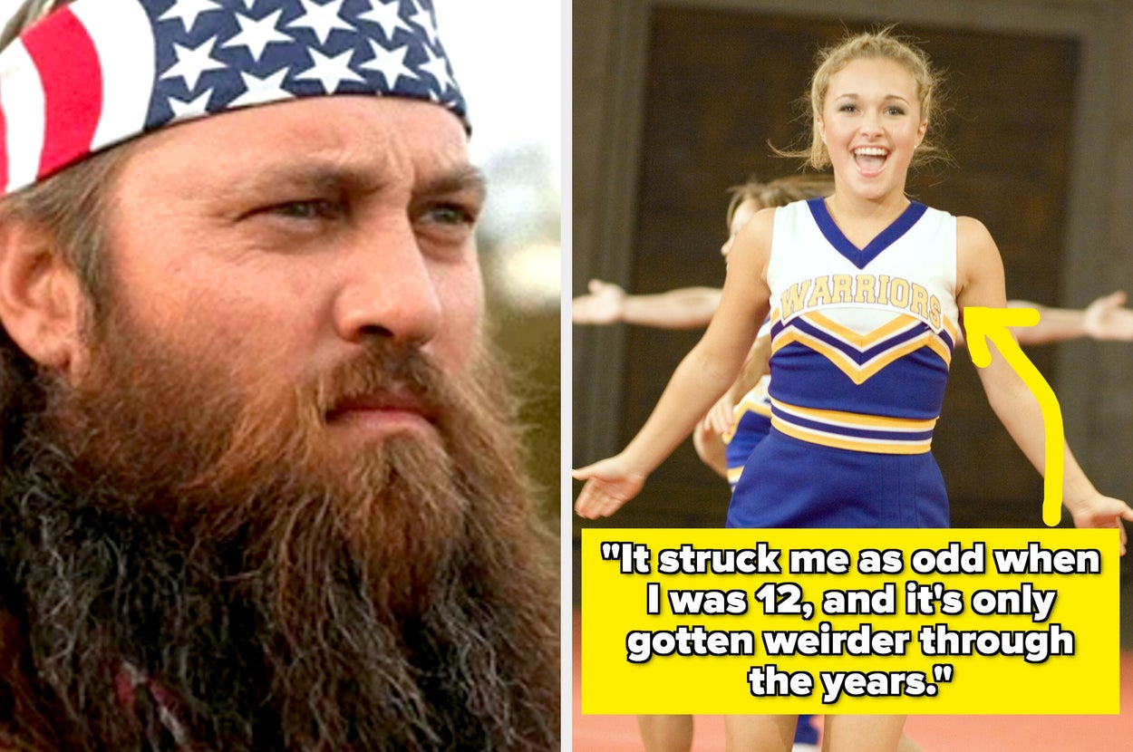 Man with a flag bandana next to a cheerleader in a "Warriors" uniform, with text: "It struck me as odd when I was 12, and it's only gotten stranger."