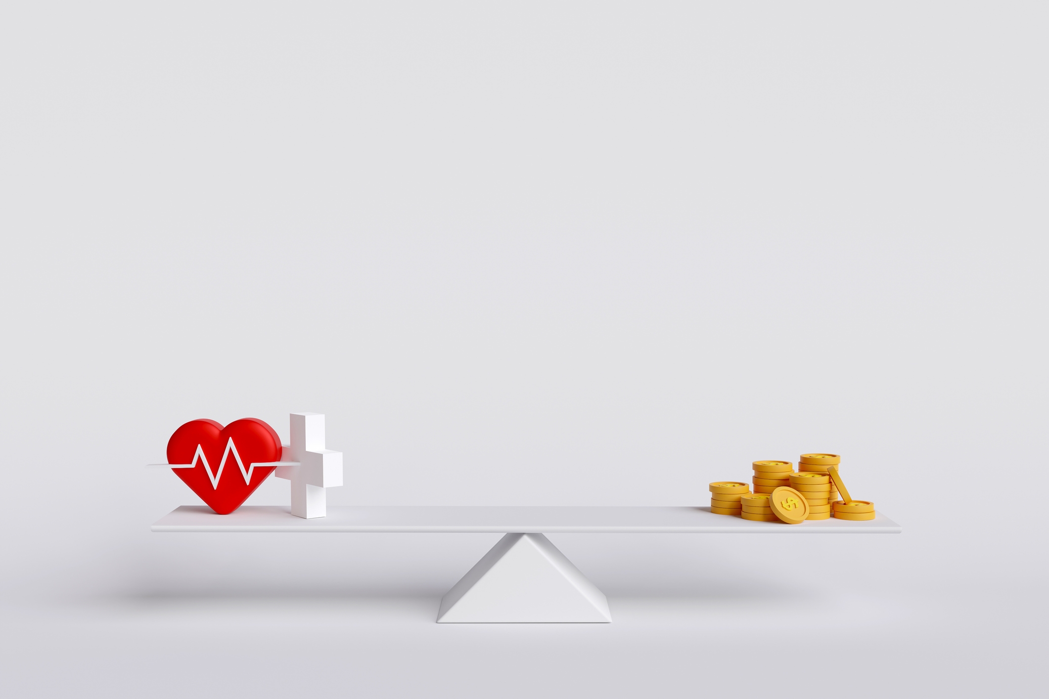 A scale balancing a heart and medical symbol on one side with stacks of coins on the other, illustrating health versus wealth