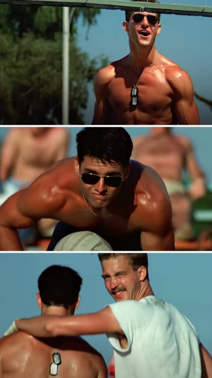 Tom Cruise and other men playing volleyball outdoors