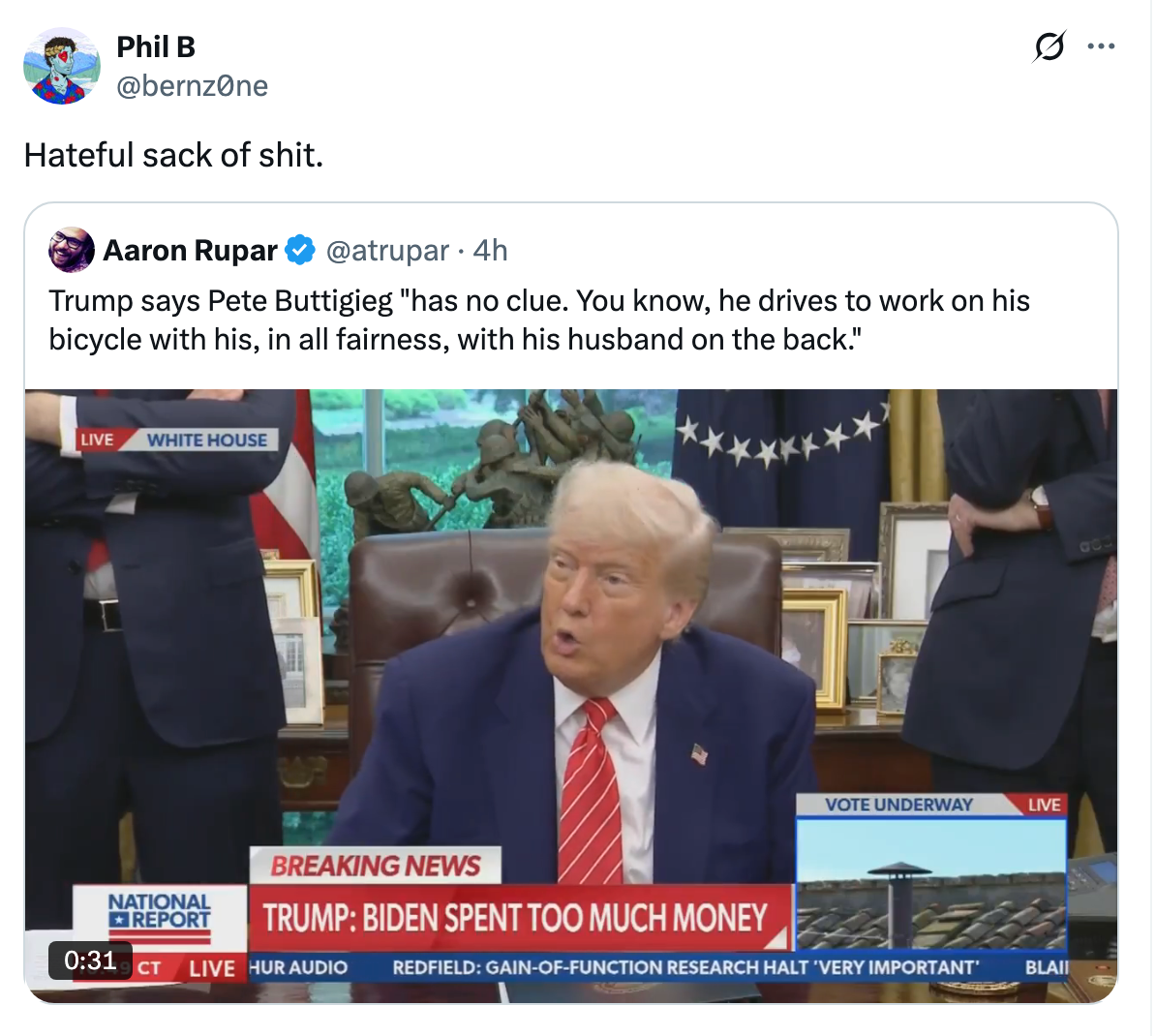 Screenshot of a tweet referencing a news clip. The clip shows Trump speaking in the Oval Office