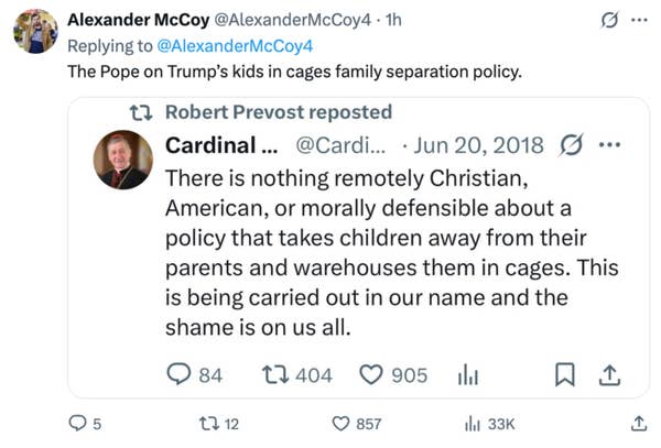 Tweet by Alexander McCoy replying to Cardinal Prevost&#x27;s criticism of Trump&#x27;s family separation policy, highlighting moral and ethical concerns