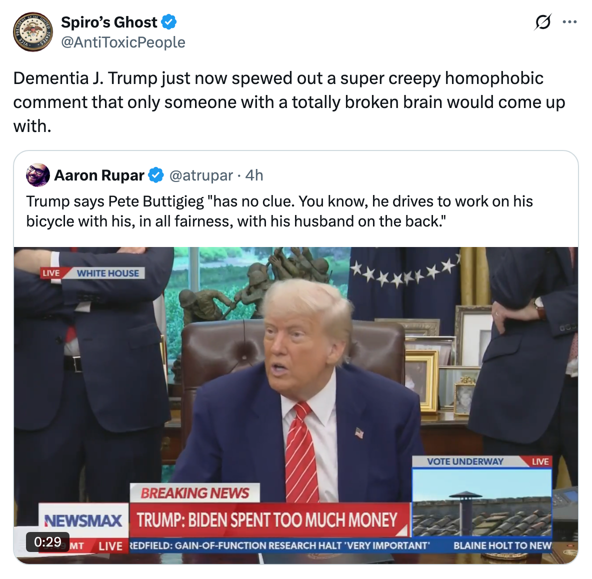 Tweet criticizing remarks made by Trump about Pete Buttigieg, mentioning homophobia and reference to working on a bicycle with husband on the back
