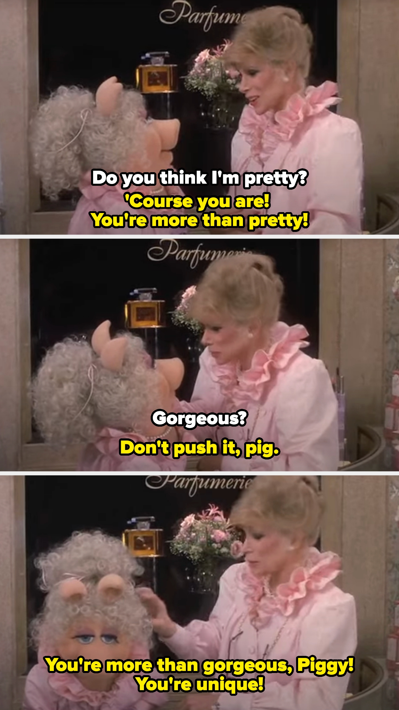 Miss Piggy asks if she's pretty; Joan replies she's more than pretty. Miss Piggy asks if she's gorgeous; Joan humorously tells her not to push it then tells her she's unique