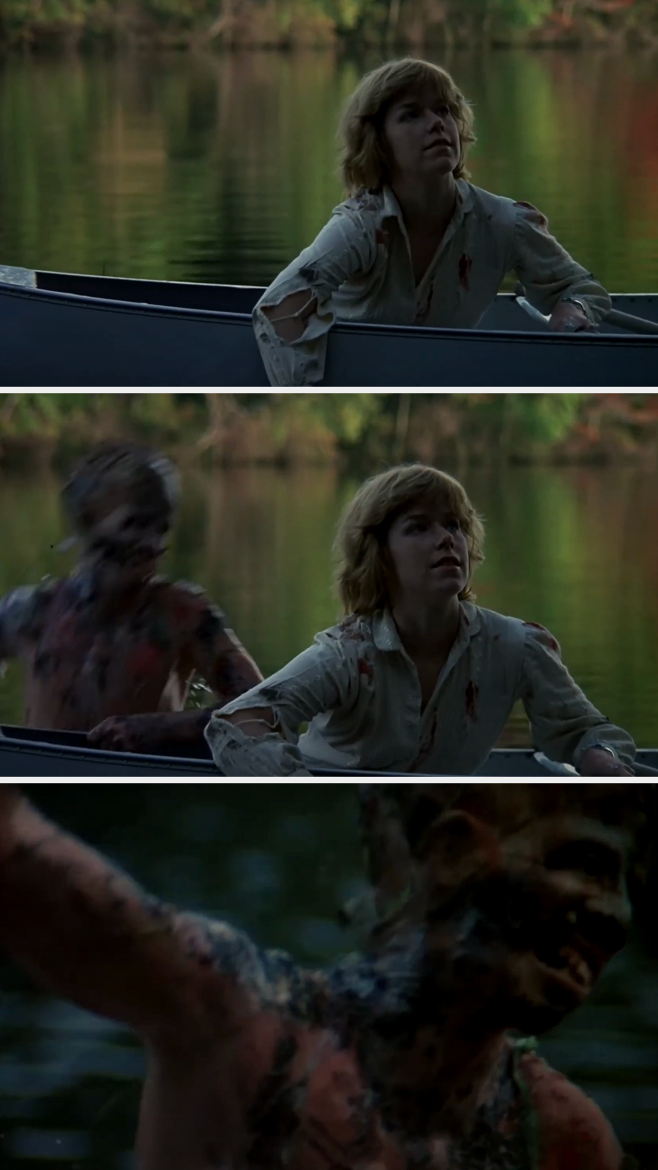 Adrienne is sitting in a boat on a serene lake when Jason pops up behind her