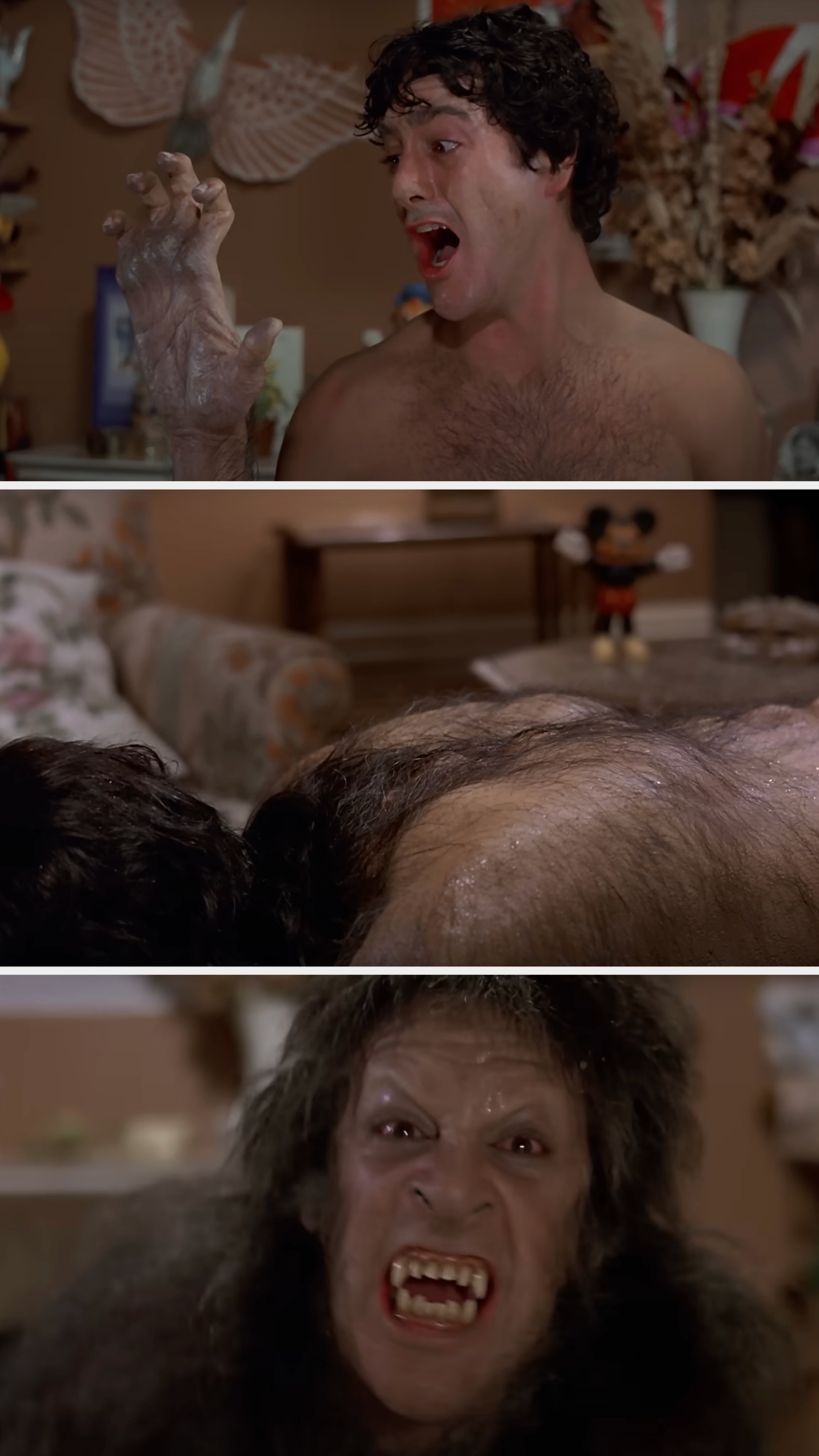 John reacts in shock as his hands, back, and face change into a werewolf