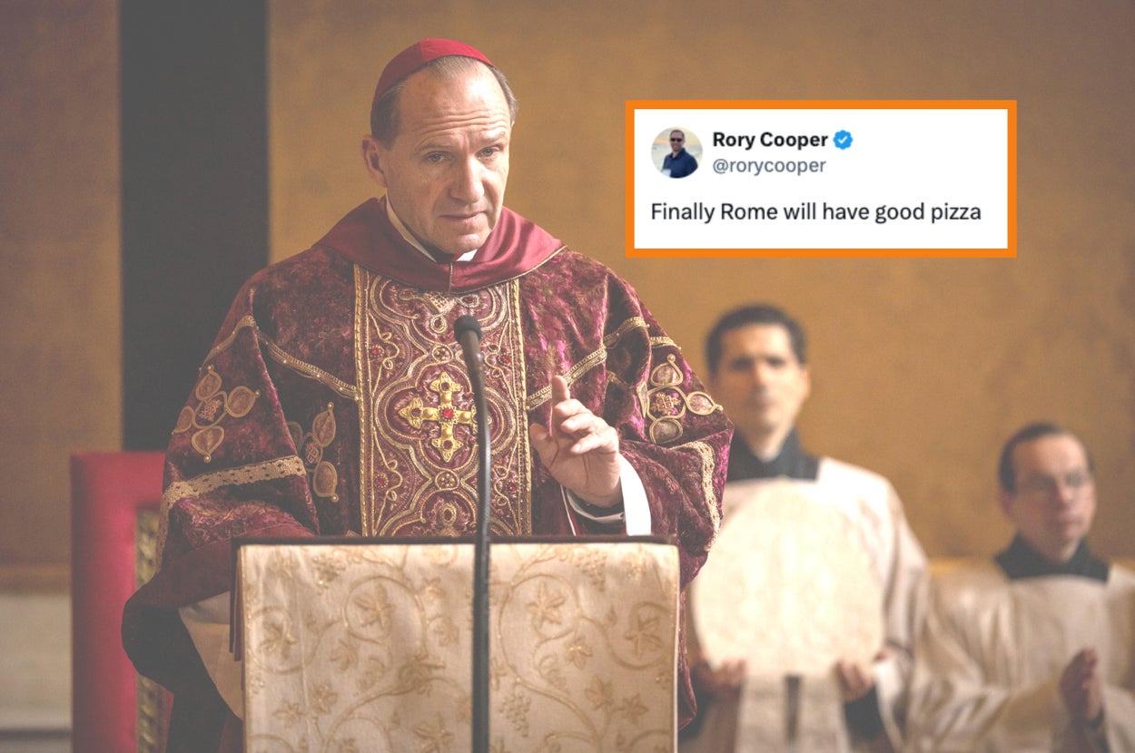 A cardinal gives a speech holding a cross. A tweet in the image reads, "Finally Rome will have good pizza."