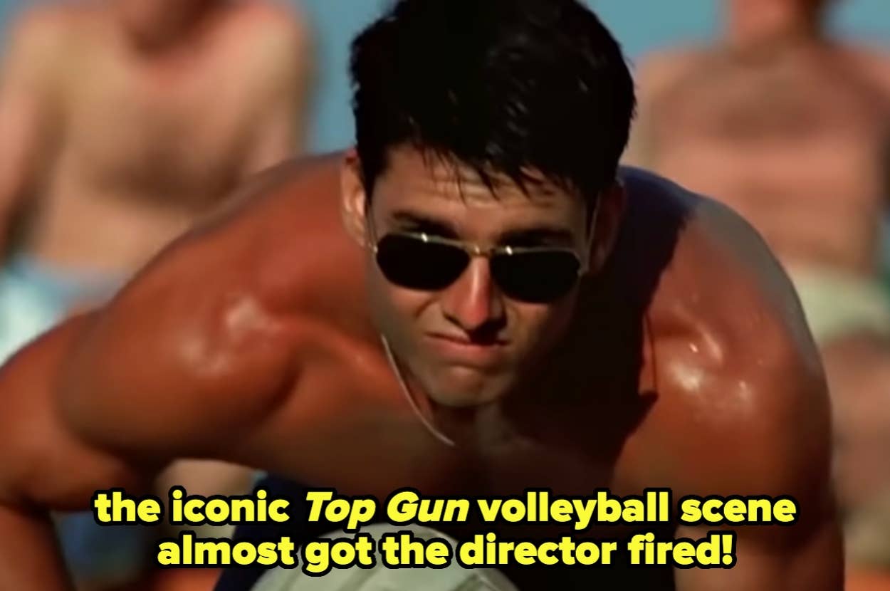 Tom Cruise in sunglasses playing volleyball. Text: