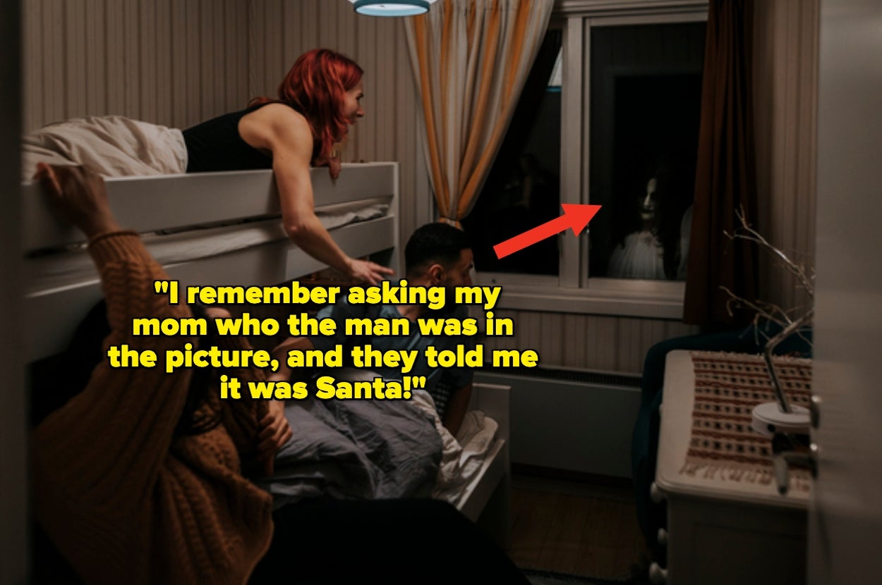 A woman leans over a bunk bed while someone sits below. Text: "I remember asking my mom who the man was in the picture, and they told me it was Santa!"