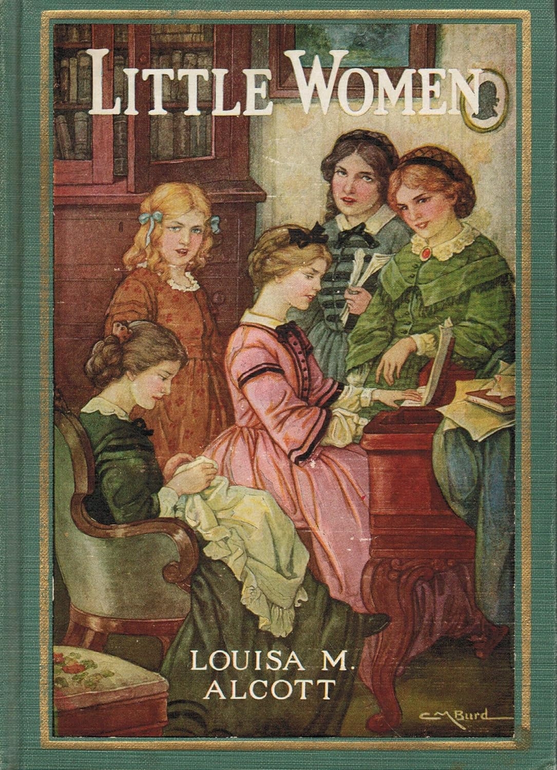 Book cover of "Little Women" by Louisa May Alcott featuring illustrations of four young women in 19th-century attire, gathered in a room