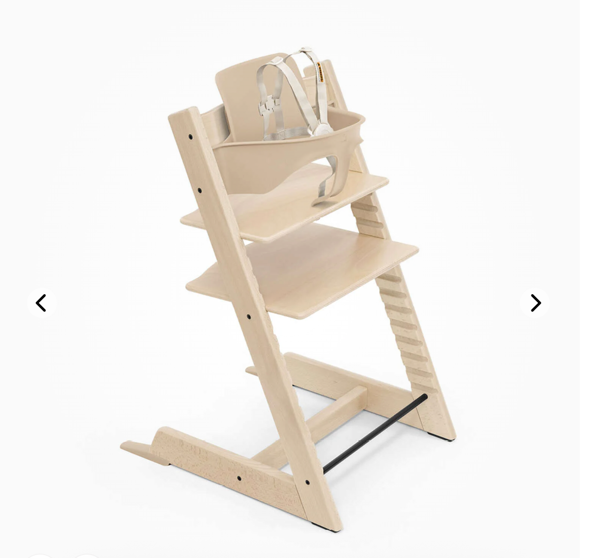 Image of a wooden adjustable high chair with a safety harness, designed for infants and toddlers