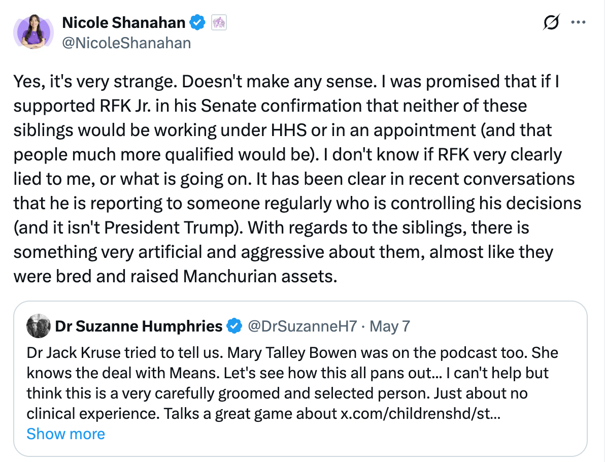 Nicole Shanahan criticizes RFK Jr. on Twitter, questioning his independence and suggesting he's influenced by powerful individuals behind the scenes