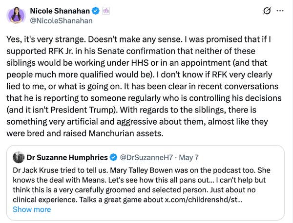 Nicole Shanahan criticizes RFK Jr. on Twitter, questioning his independence and suggesting he&#x27;s influenced by powerful individuals behind the scenes