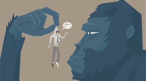 Illustration of a giant ape holding a nervous man in its hand. The man says, "umm… hi."