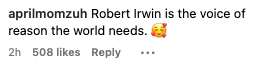 Comment saying "Robert Irwin is the voice of reason the world needs," followed by a hugging face emoji. 508 likes