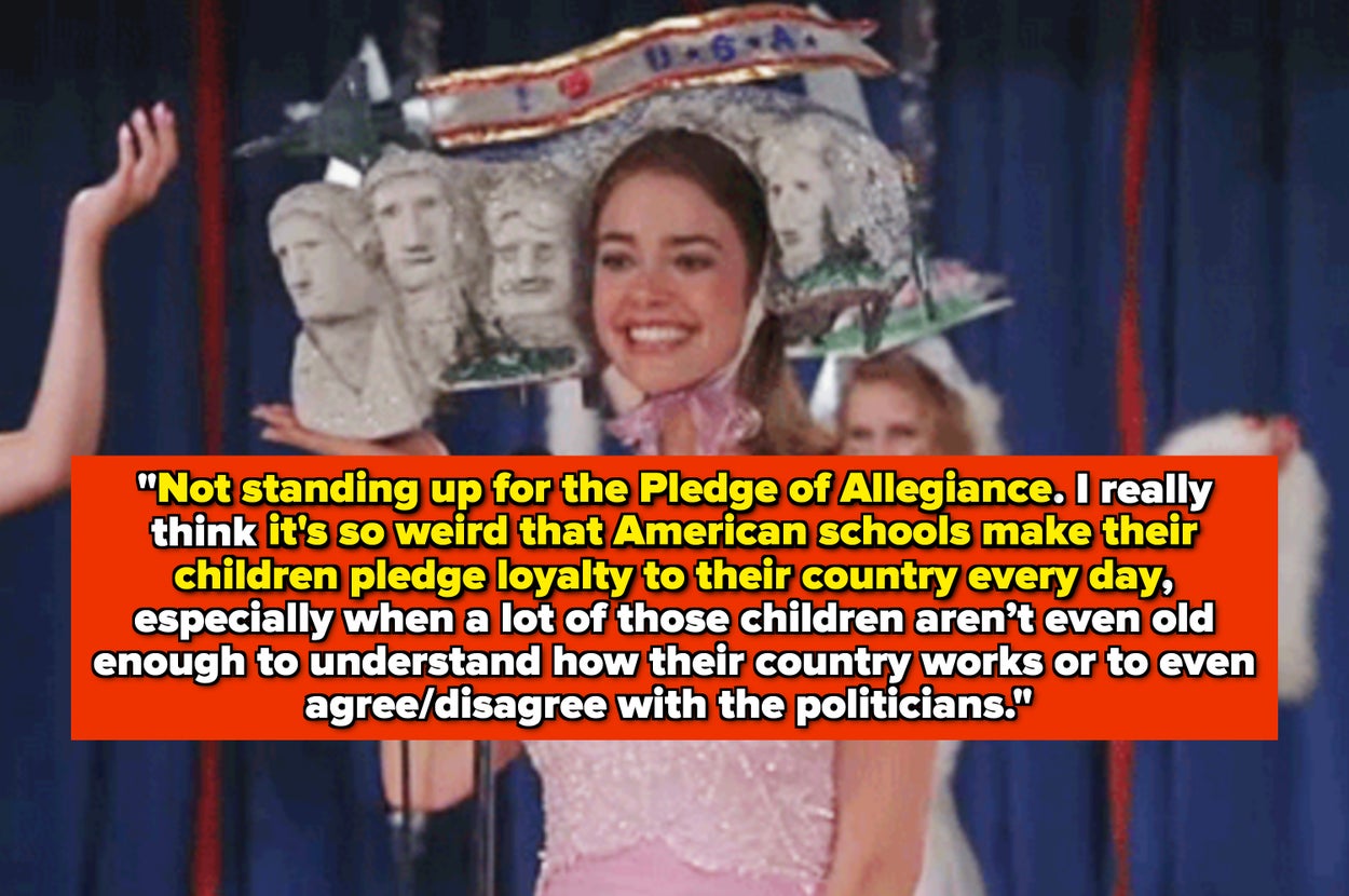 Person with a fruit basket hat and sash, overlaid with text criticizing the U.S. pledge of allegiance in schools
