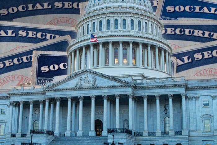 The U.S. Capitol building with Social Security cards in the background, symbolizing national financial policy discussions