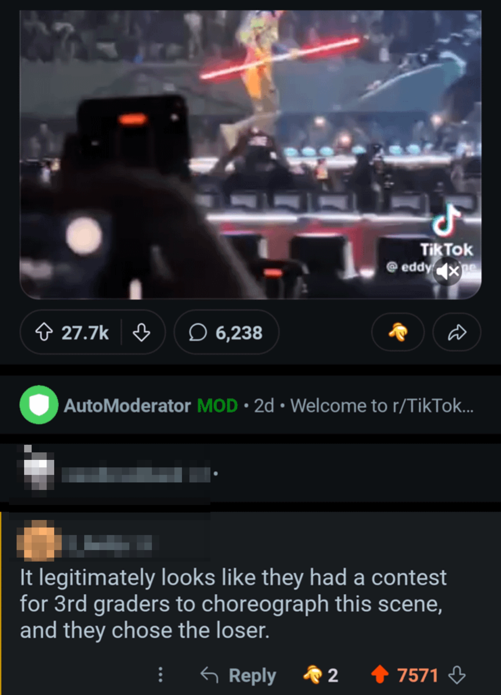 Screenshot of a Reddit post showing a TikTok video of Katy Perry's concert. A comment below says the choreography looks like it was made by a 3rd grader who lost a contest