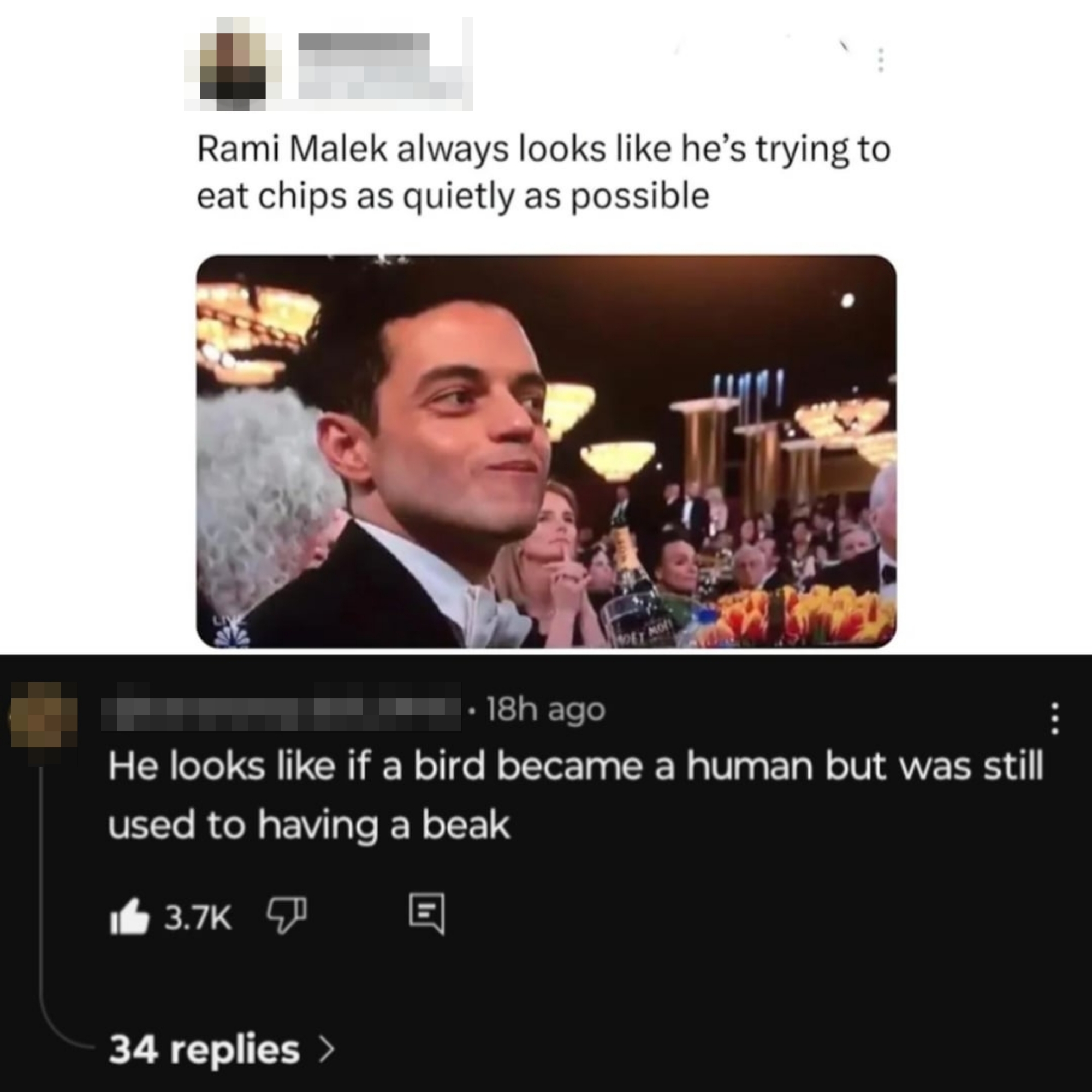 Tweet and comment saying Rami Malek's expression looks like he's always eating chips quietly or he's a bird that became human