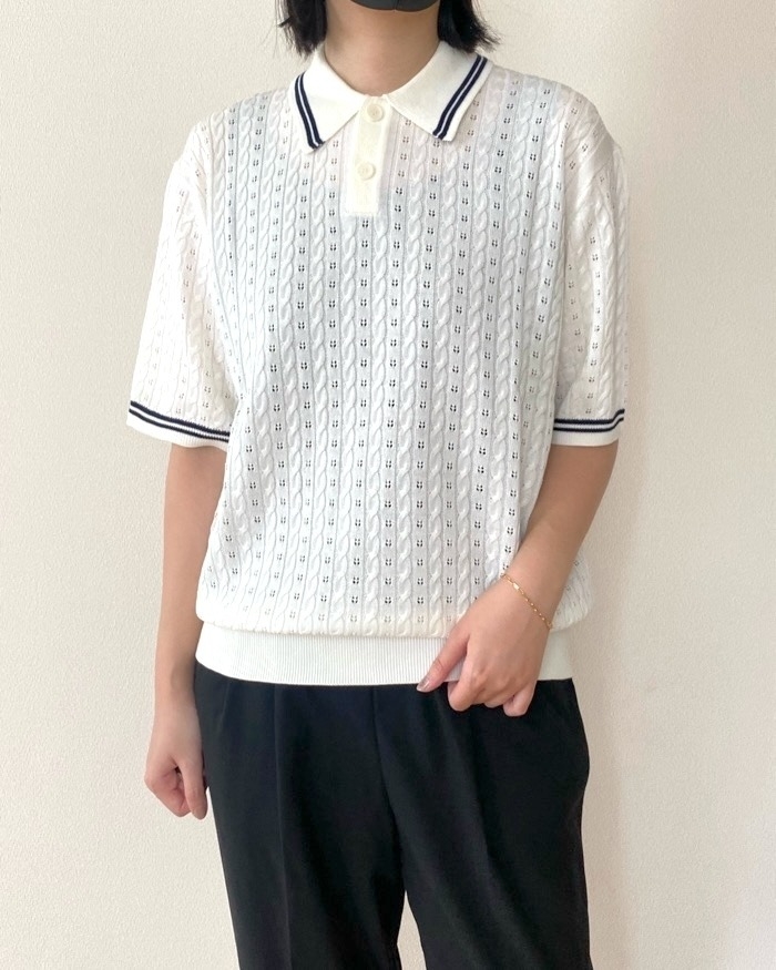 「ウォッシャブルケーブルニットポロシャツ（5分袖）」