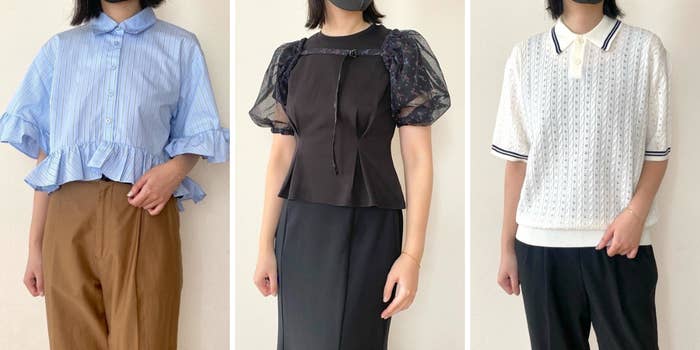 3人のモデルが異なるトップスを着用し、独自のスタイルを披露している。カジュアルでエレガントなファッション。