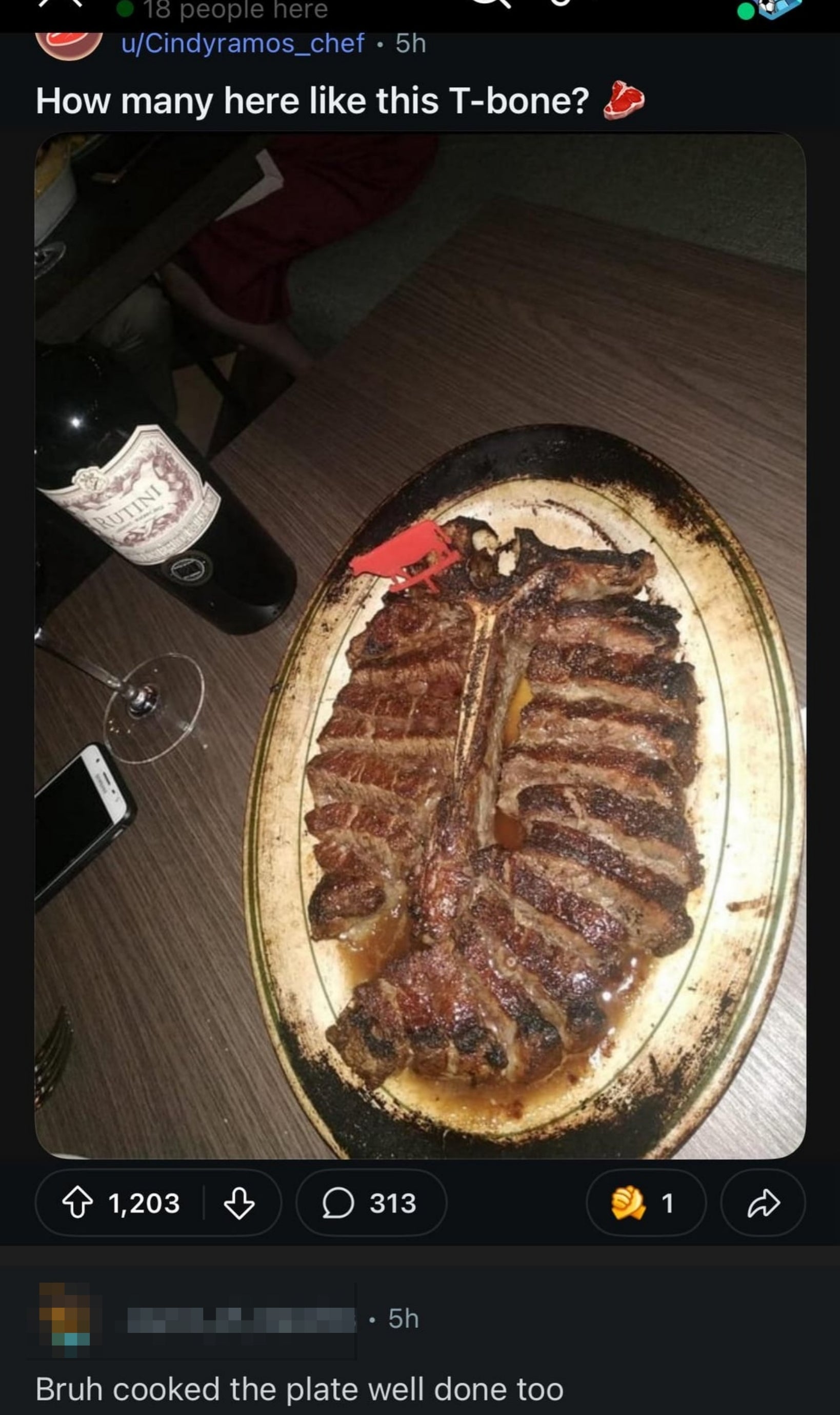 A well-done sliced t-bone steak is set on a plate that is charred around the edges. Comment says "bruh cooked the plate well done too"