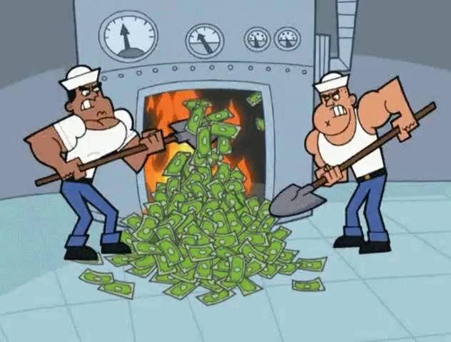 Two animated workers, wearing caps and tank tops, shovel large piles of money into a furnace