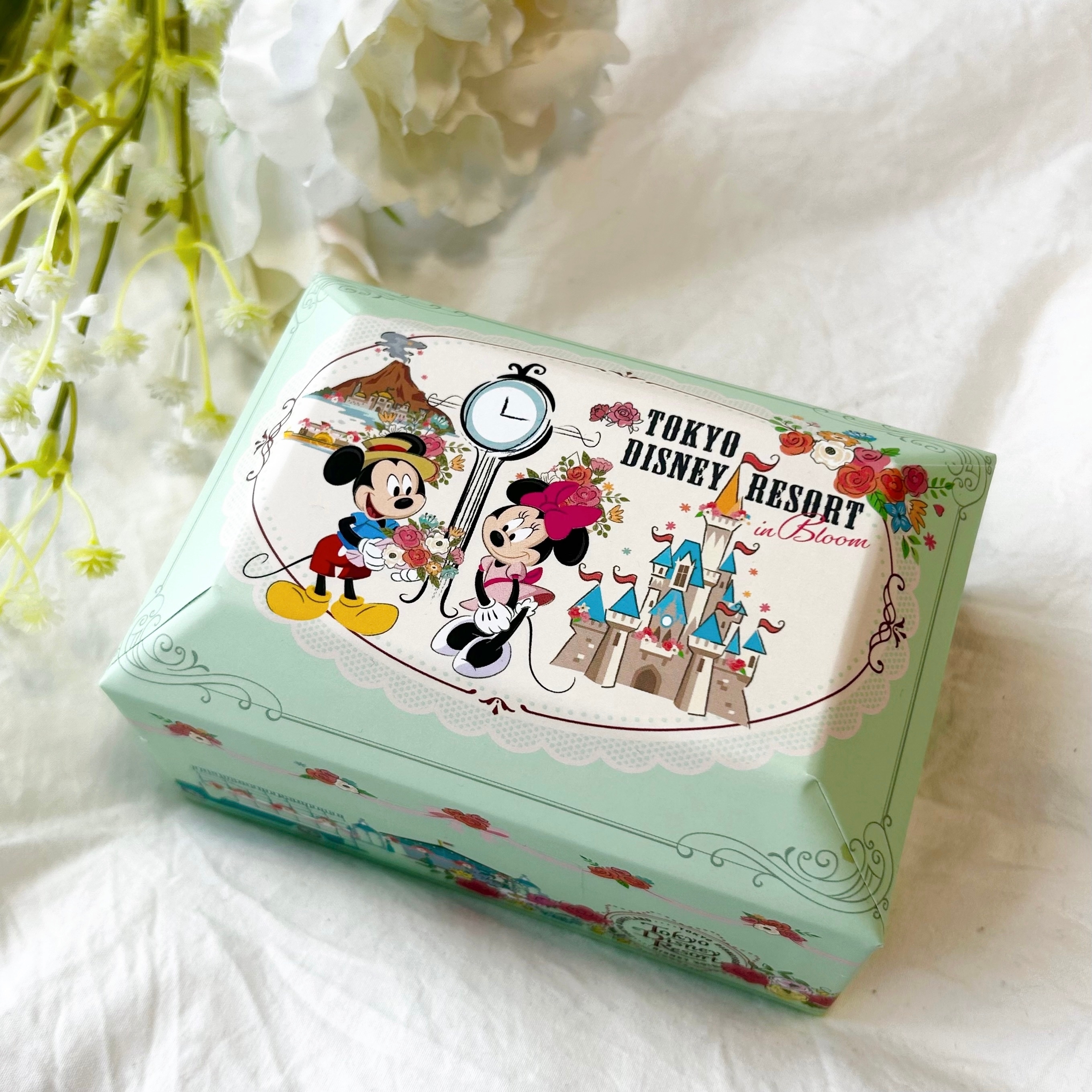 東京ディズニーリゾートのキャラクター、ミッキーとミニーが描かれたお菓子の箱。