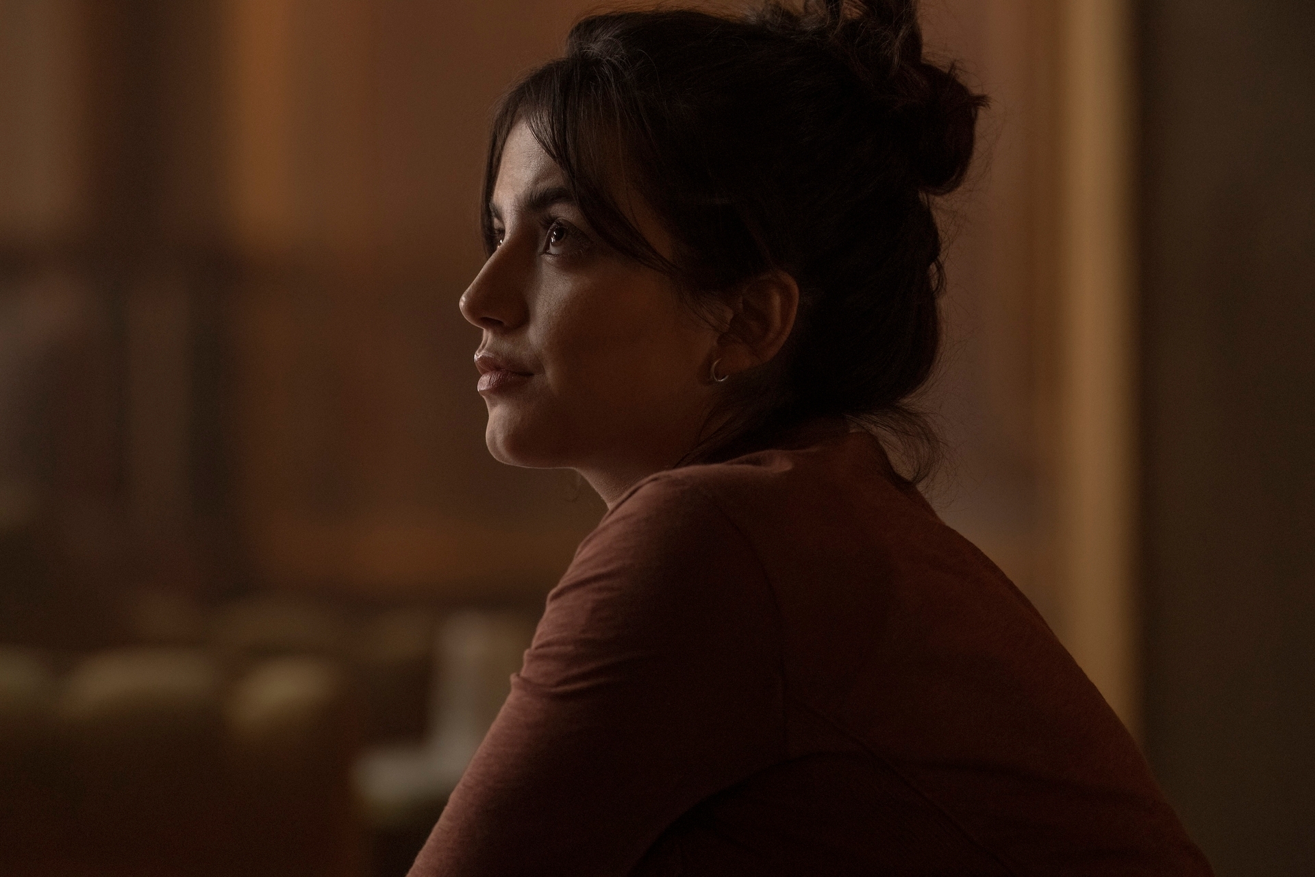 Mujer de perfil, con peinado recogido, mirando pensativa hacia un lado en un ambiente interior con iluminación suave