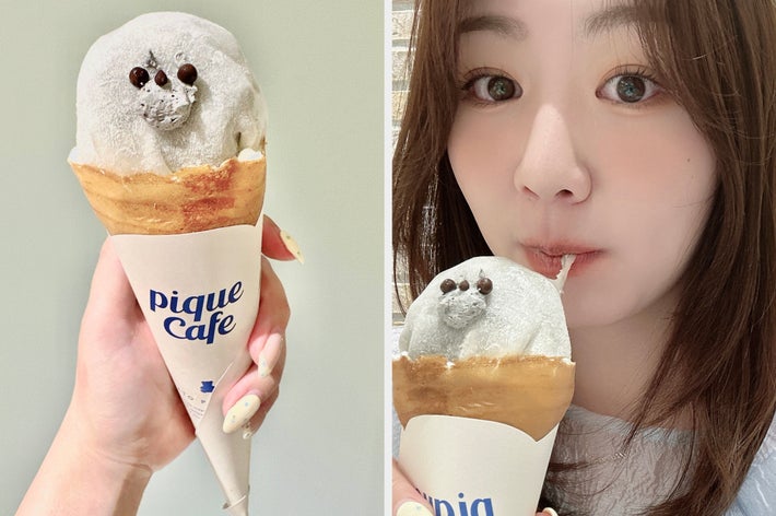 女性が動物の顔を模したアイスクリームを持ち、楽しそうに食べ始めている。背景はレンガの壁。