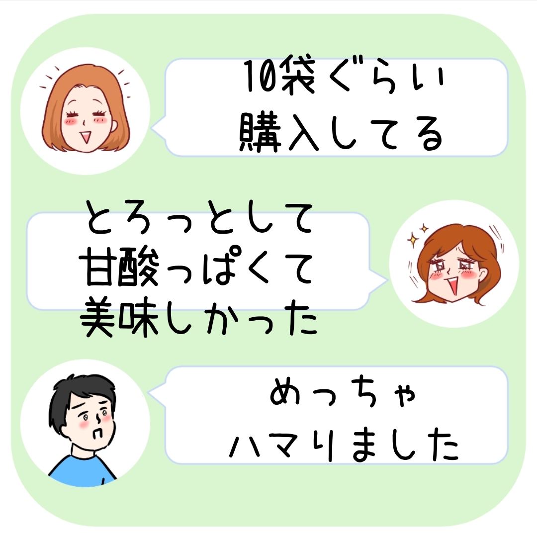 イラストの会話まとめ: フルーツをたくさん買い、とても美味しくてはまっているという内容の意見交換。