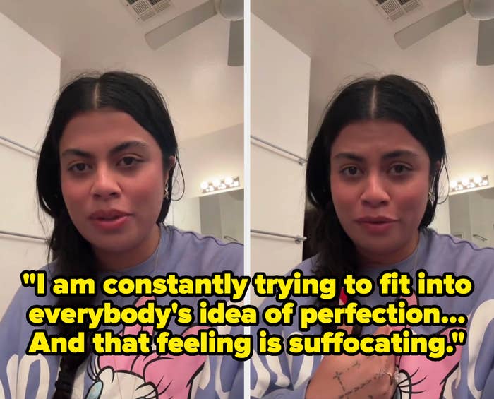 A person speaks about the pressure of fitting into societal ideals of perfection, expressing that it's a suffocating experience