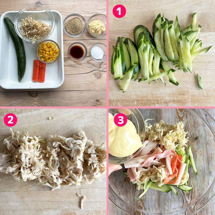 きゅうりとコーンのサラダの手順。具材を準備し、ドレッシングを加えて混ぜる。