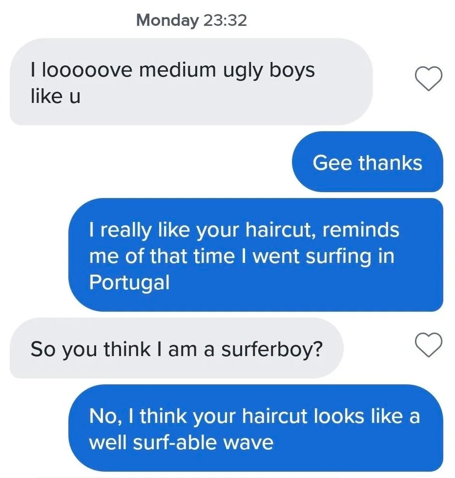 Chat exchange about haircuts, surfing, and humor. One person comments on a medium ugly boy's look