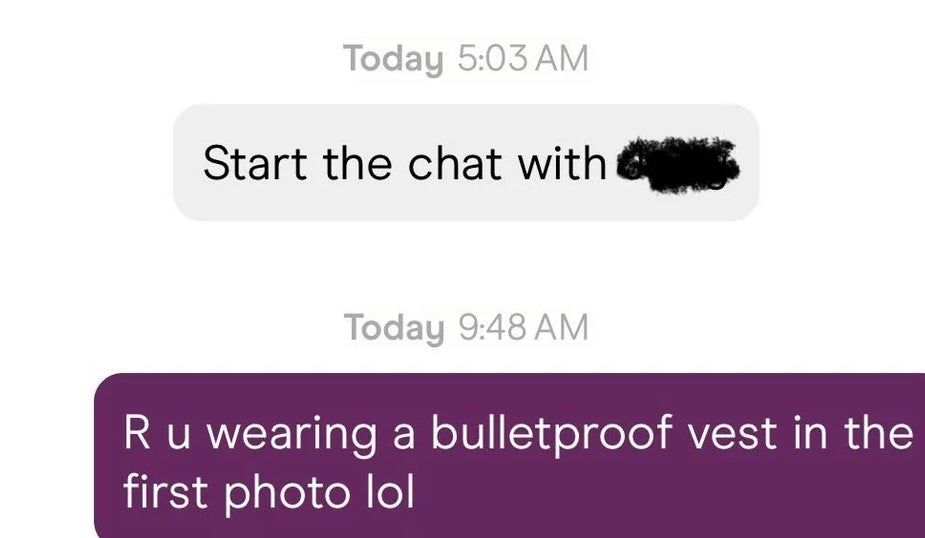 Chat conversation with humorous exchange about wearing a bulletproof vest