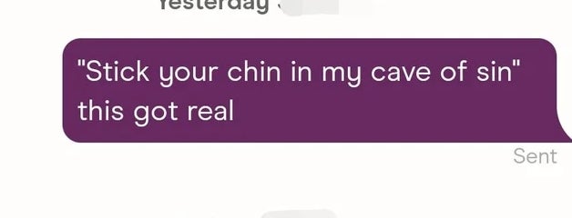 A humorous text exchange with playful compliments about jawlines and expressions of attraction