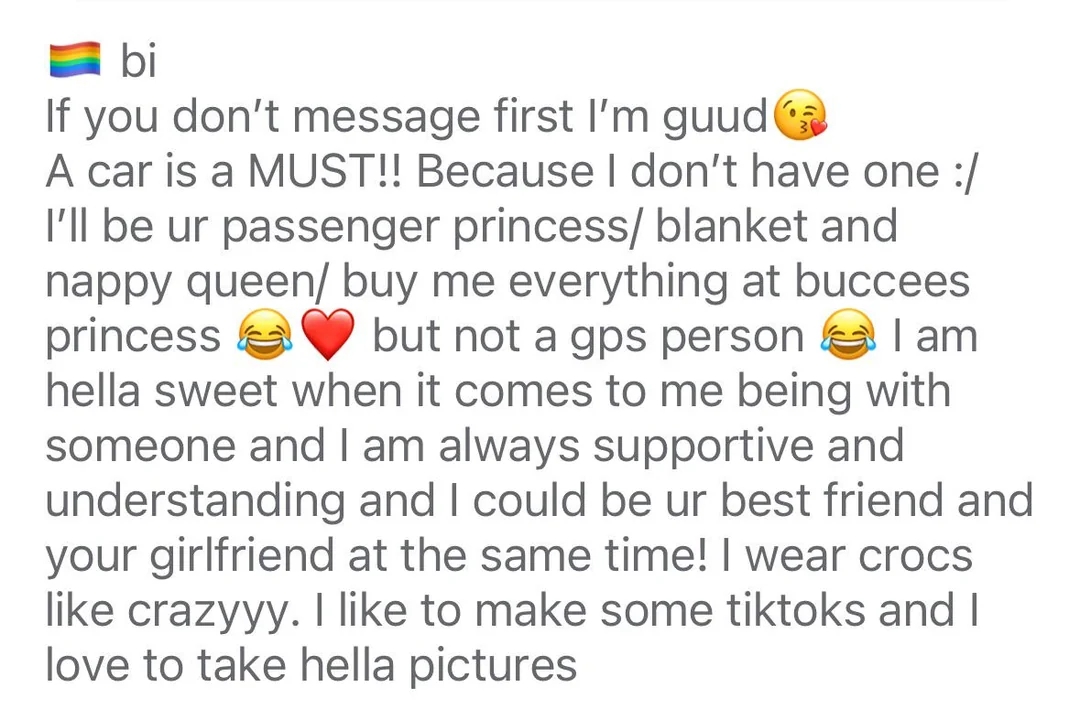 Bio expressing desire for connections, mentions not having a car, being supportive, and enjoying TikToks, pictures, and Crocs
