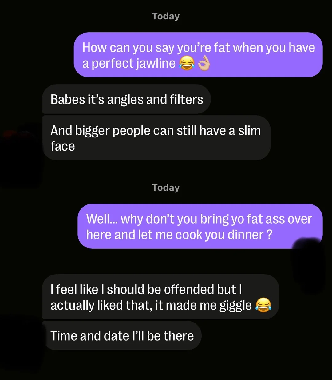 Text conversation about self-image, with one person jokingly suggesting meeting for dinner after discussing appearance perceptions