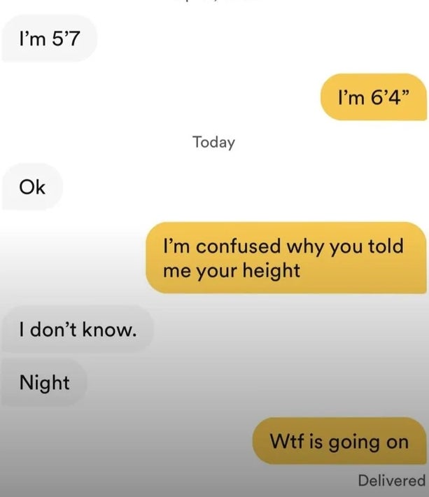 A text conversation where someone unexpectedly shares their height, leading to confusion about its relevance