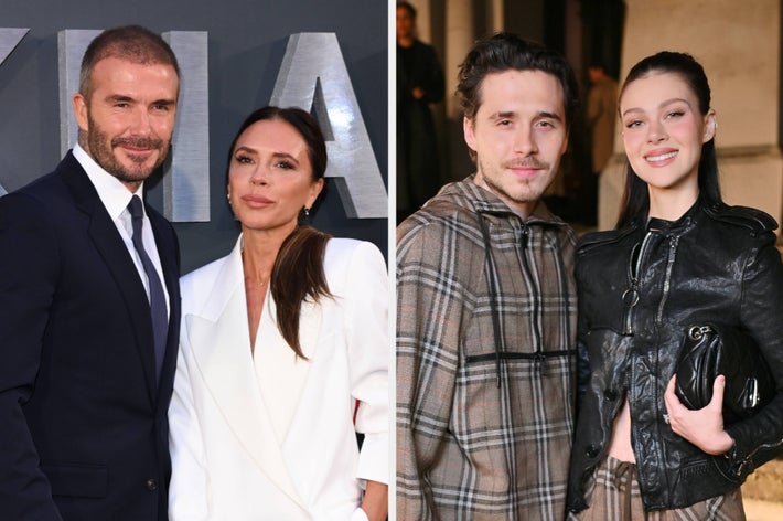 Two side-by-side photos: on the left, a man in a suit and a woman in a white blazer; on the right, a couple in casual checkered and leather outfits