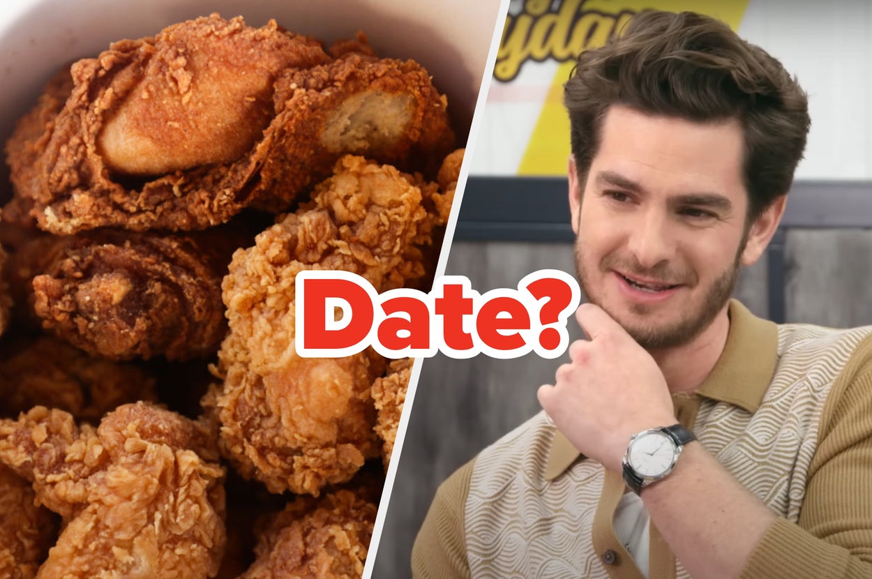 Two-part image: Andrew Garfield from Chicken Shop Date and a Bucket of Chicken with the text "Your Chicken Preferences Will Decide Who Your Flirty 'Chicken Shop Date' Is