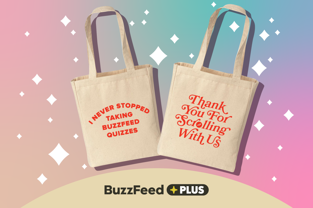 Two tote bags with playful text promoting BuzzFeed Quizzes and an appreciation message for scrolling. BuzzFeed Plus logo is visible below