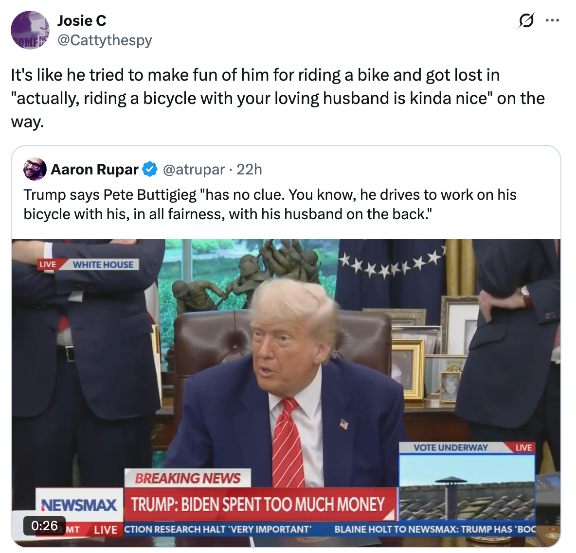 Tweet screenshot showing Donald Trump speaking in Oval Office. A caption references Pete Buttigieg riding a bicycle with his husband
