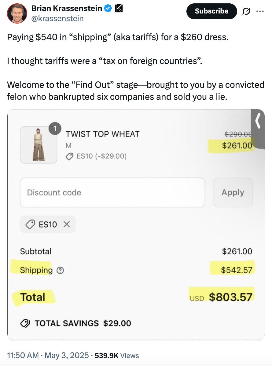 Receipt showing a $542 shipping charge for a $261 dress