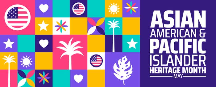 Graphic celebrating Asian American and Pacific Islander Heritage Month in May, featuring various symbols like stars and palm trees