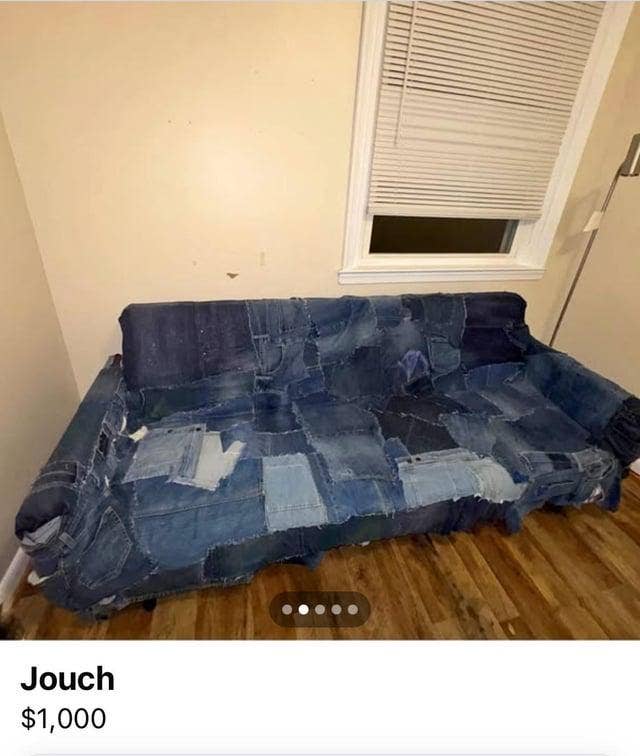 Sofa made from repurposed denim patches listed for $1,000 with an option to message the seller about availability