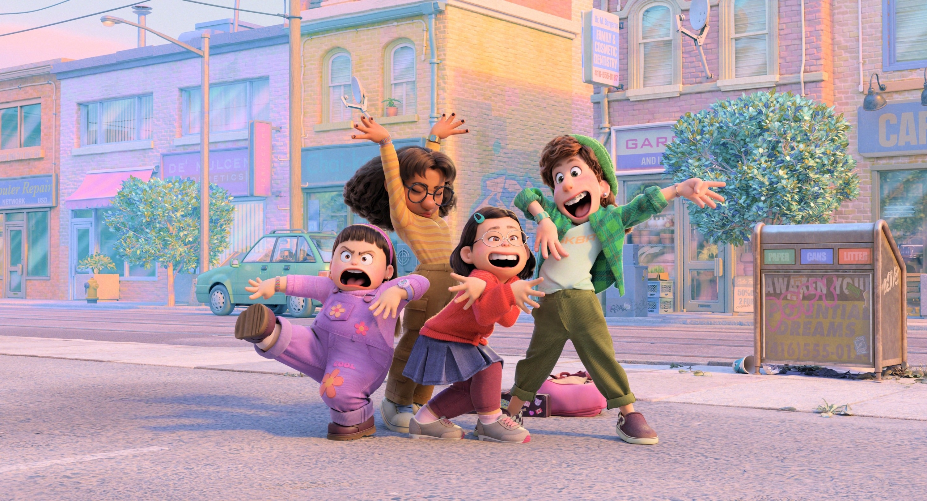 Four animated kids strike playful poses on a city street, expressing excitement and joy