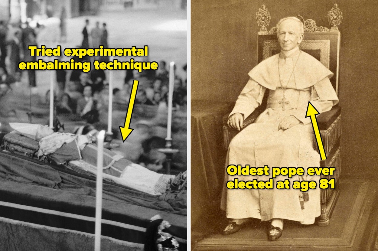 Side-by-side images: Left shows an embalmed figure with text "Tried experimental embalming technique." Right shows an elderly pope with text "Oldest pope ever elected at age 81."