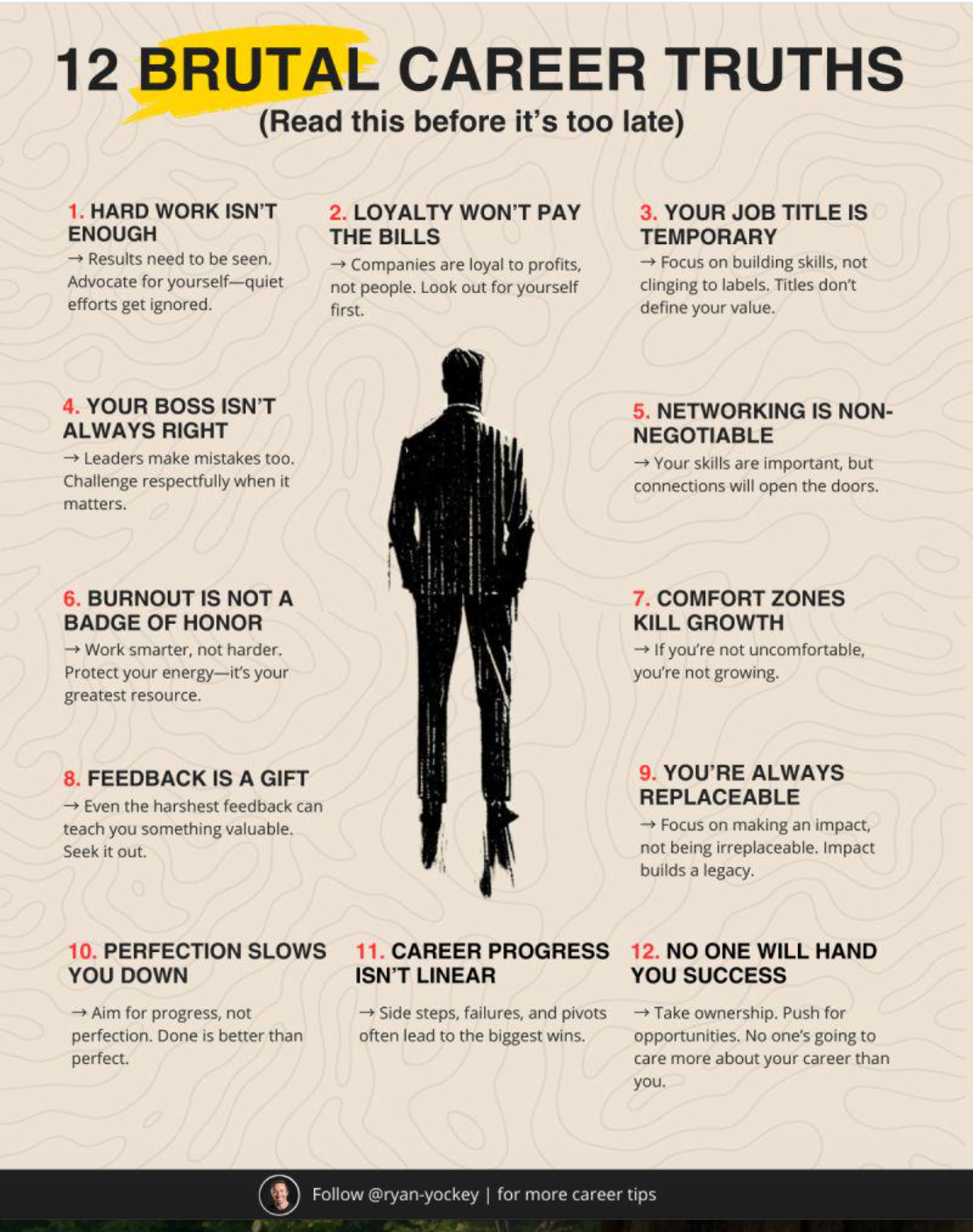 Summary of text: "12 Brutal Career Truths" highlights realities about hard work, loyalty, burnout, job stability, networking, feedback, perfectionism, and personal agency