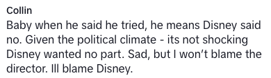 Comment discussing Disney's decision, blaming the company over the director due to the political climate
