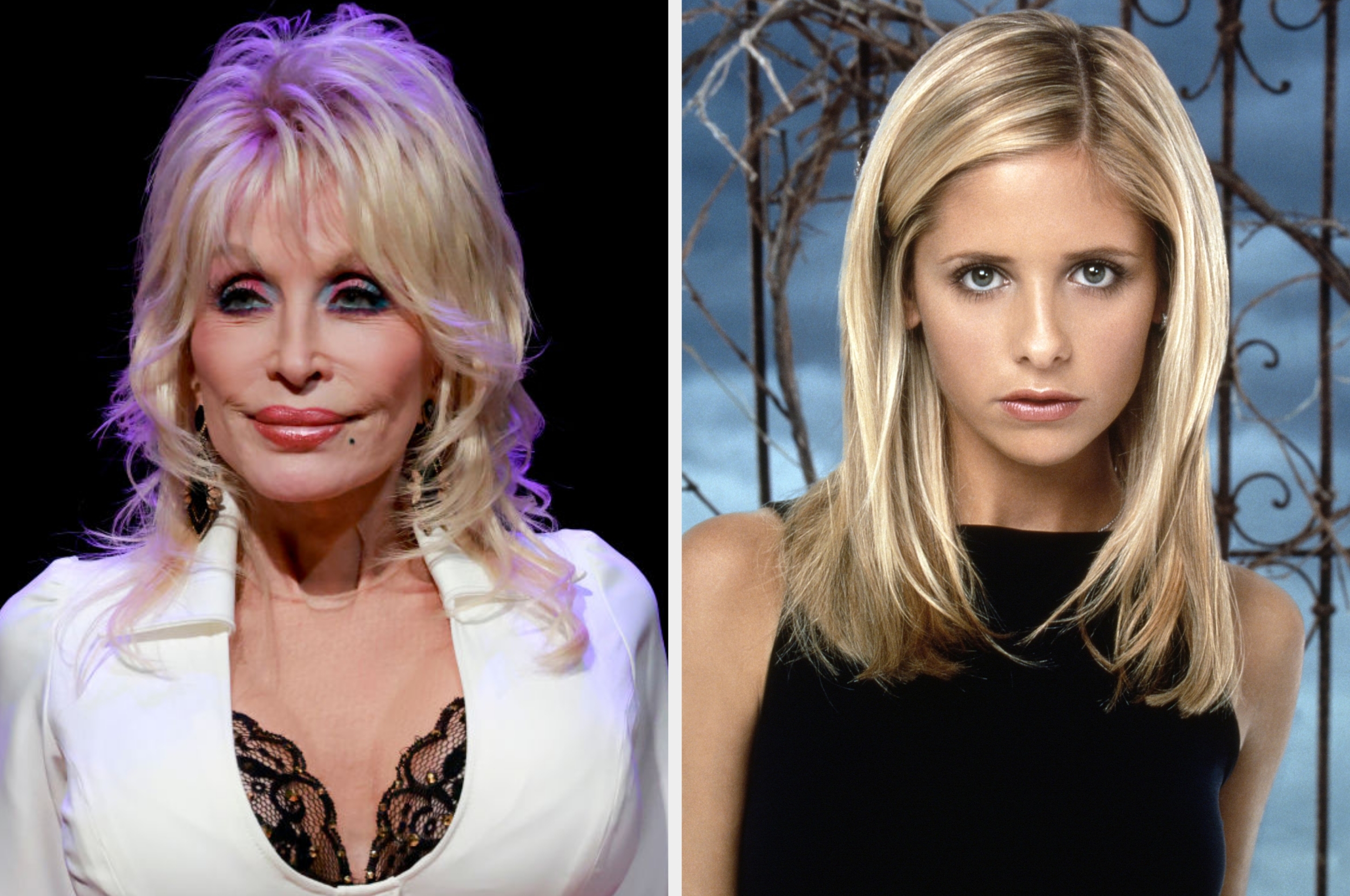 Two side-by-side images: Person on left in a lace-accented outfit; person on right with straight hair and a sleeveless top